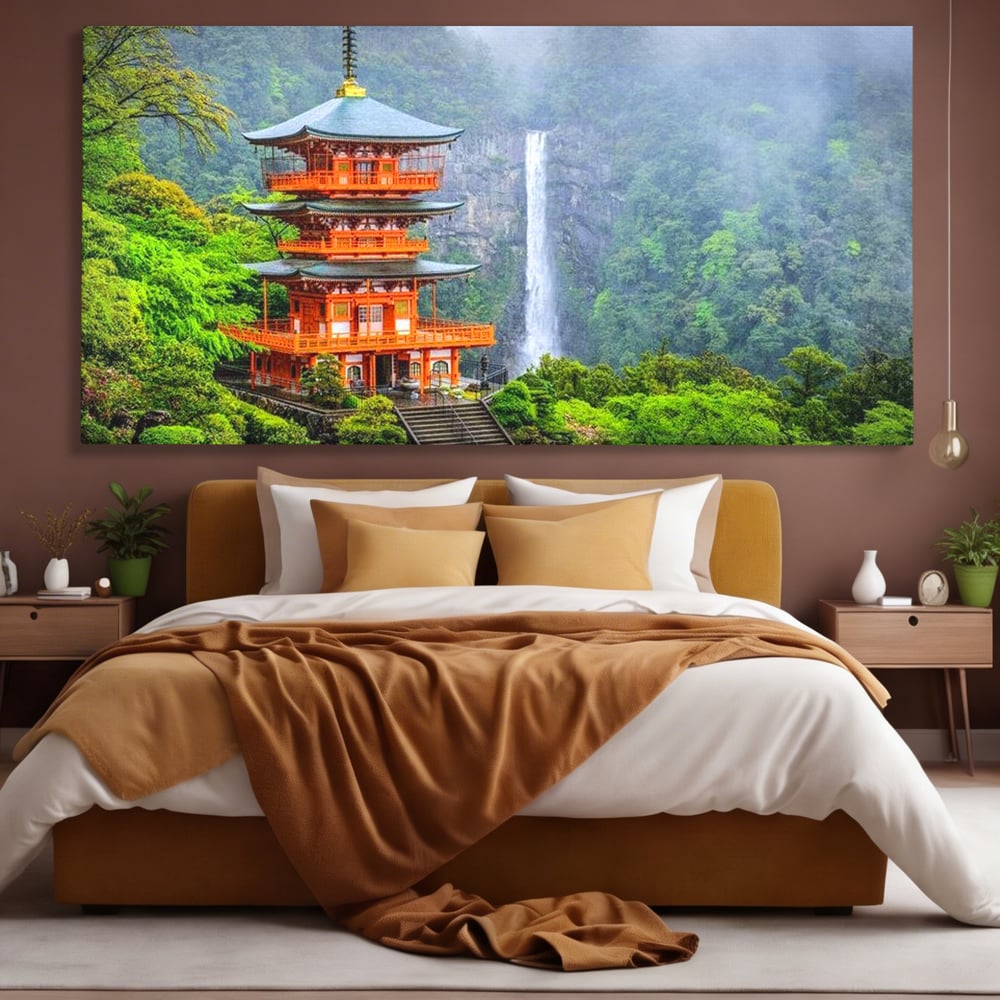 Tablou canvas cu tablou canvas cu pagoda si cascada, fara rama, pe sasiu de lemn, pe perete intr-un dormitor